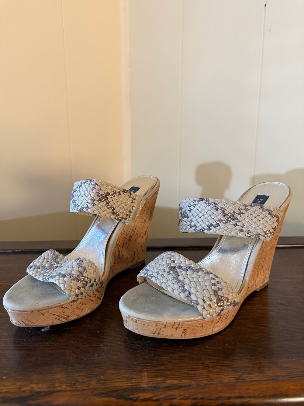 White House Black Market Beige Silver Woven Cork Wedge Sandals
